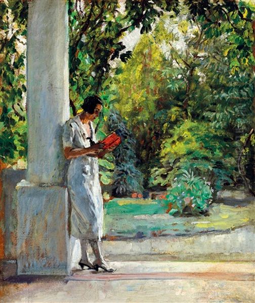 Young Woman Reading On The Verandah (szolnok) Oil Painting by Tibor (Theodor) Polya