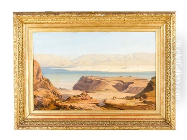 View Of The Dead Sea With Two Beduins, Mount Masada And The Judean Desert Oil Painting by Silvio Poma