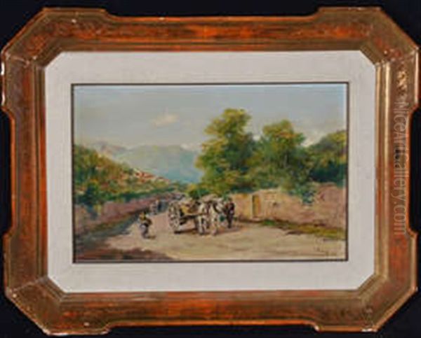 A Horse Cart Passing A Walled Garden Oil Painting by Silvio Poma