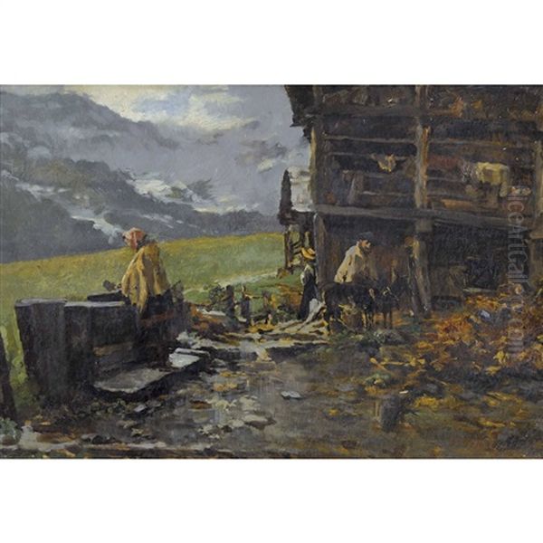 Alplandschaft Mit Bauern Und Ziegen Vor Ihrer Hutte Oil Painting by Silvio Poma