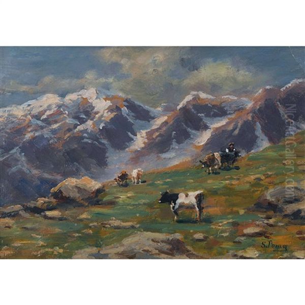 Weidende Kuhe Auf Der Alp Oil Painting by Silvio Poma