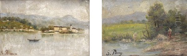 Paesaggio Lacustre (+ Contadina Sull'argine Del Fiume; Pair) Oil Painting by Silvio Poma