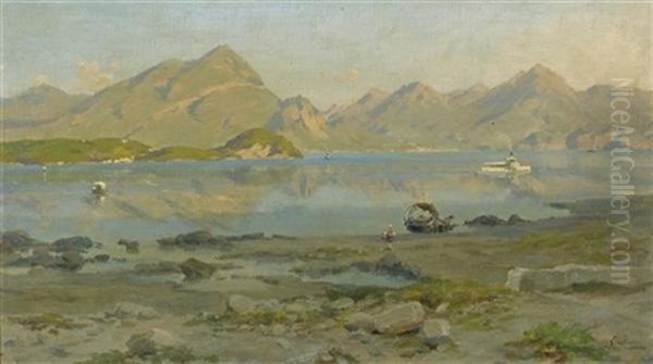 Comersee Mit Dampfschiff, Bergen Und Leute Am Strand Oil Painting by Silvio Poma