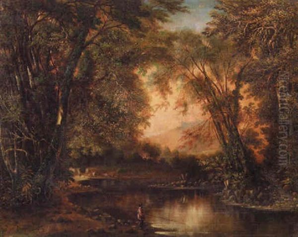 Landscape With Man Fishing Oil Painting by Leon D. Pomarede