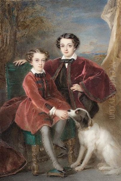 Two Boys Of The Hennessy Family, The Younger Seated On A Green Upholstered Chair, Wearing Rust-coloured Petersham Coat, The Elder, Standing, Wearing Trimmed Burgundy Cape Over Black Suit Oil Painting by Pierre Paul Emmanuel de Pommayrac