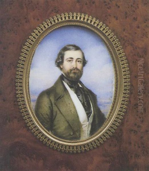 Portrait D'homme En Redingote Grise Et Gilet Creme.  Il Est Vu Sur Fond De Ciel Nuageux Oil Painting by Pierre Paul Emmanuel de Pommayrac