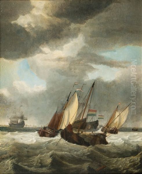 Dutch Man'o'wars And Fishing Boats In Choppy Sea Oil Painting by Gerrit Pompe