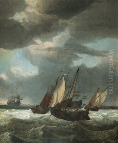 Dutch Man'o'wars And Fishing Boats In Choppy Sea Oil Painting by Gerrit Pompe