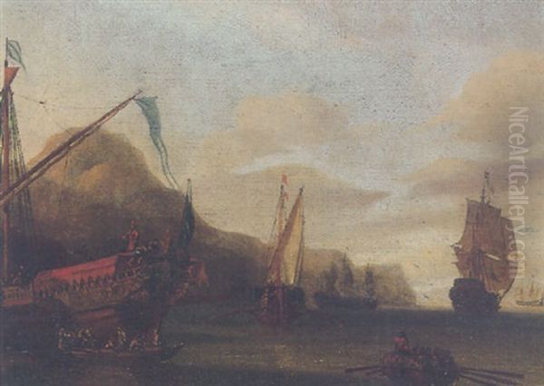 View Of A Coastline With A State Barge And Other Shipping Vessels In Calm Seas, A Rowing Boat Nearby Oil Painting by Gerrit Pompe