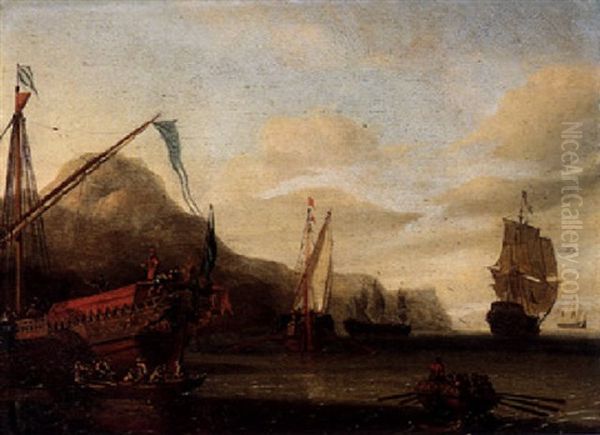 View Of A Coastline With A State Barge And Other Shipping  Vessels In Calm Seas, A Rowing Boat Nearby Oil Painting by Gerrit Pompe