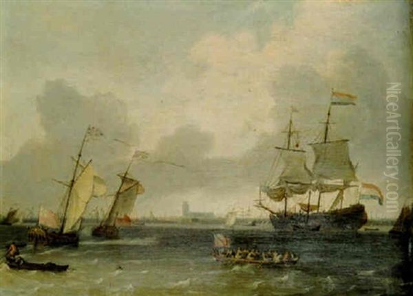 Warships And Other Shipping Off The Coast Of Amsterdam Oil Painting by Gerrit Pompe