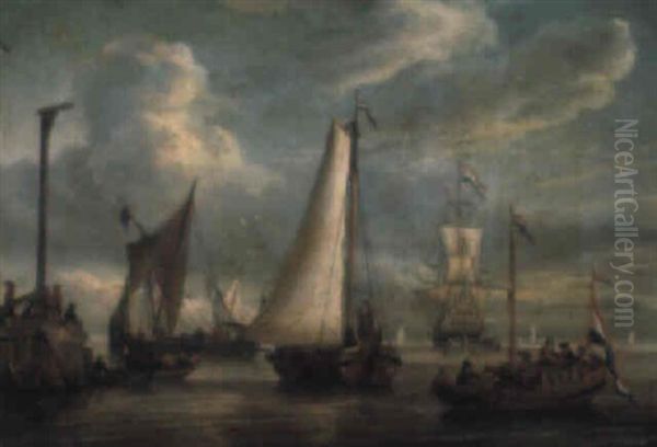 Dutch Shipping Off A Beacon And A Pile Oil Painting by Gerrit Pompe