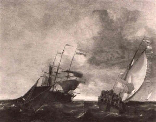 A Dutch Yacht With A Man O War And Shipping Oil Painting by Gerrit Pompe