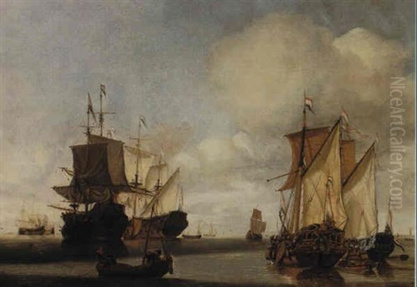 A Dutch Man O War And Other Shipping In A Calm Off          Enkhuizien With The Tall Tower Of The Zuiderkerk... Oil Painting by Gerrit Pompe