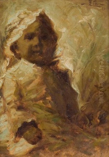 Untitled (child With Bonnet) Oil Painting by Fidelio Ponce De Leon