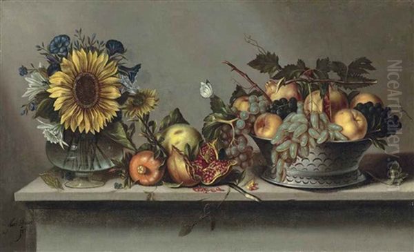 Flowers In A Vase And Fruit In A Bowl On A Ledge Oil Painting by Antonio Ponce