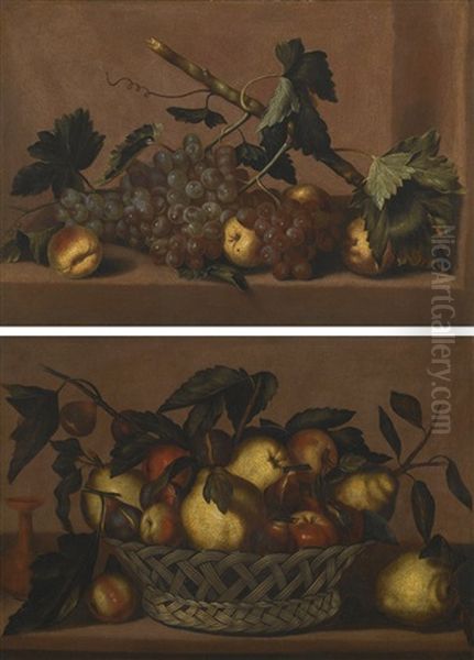 Still Life Of Peaches And Grapes On A Stone Ledge; Still Life Of Apples, Pears And Figs In A Wicker Basket On A Stone Ledge Oil Painting by Antonio Ponce