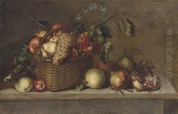 Pears, Pomegranates And Grapes In A Basket And Other Fruit On A Stone Ledge Oil Painting by Antonio Ponce