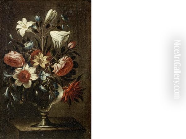 Tulips, Peonies, Carnations And Other Flowers In A Glass Vase On A Stone Ledge (+ Roses, Convolvulus, Lilies And Other Flowers In A Glass Vase On A Stone Ledge; Pair) Oil Painting by Antonio Ponce