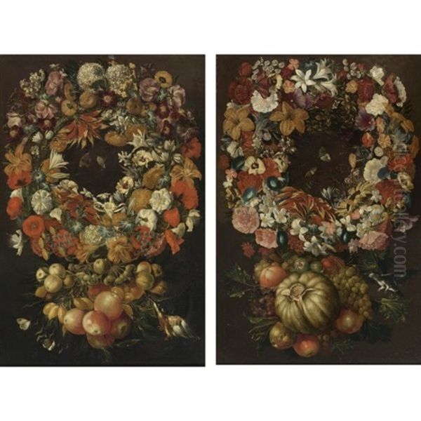 A Garland Of Flowers With A Melon, Grapes And Other Fruit (+ A Garland Of Flowers With Apples, Plums And Other Fruit; Pair) Oil Painting by Antonio Ponce