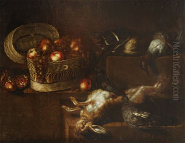 Bodegon: Cesta Con Uvas, Manzanas Y Granadas Y Caza Muerta Sobre Una Repisa De Tres Niveles Oil Painting by Antonio Ponce