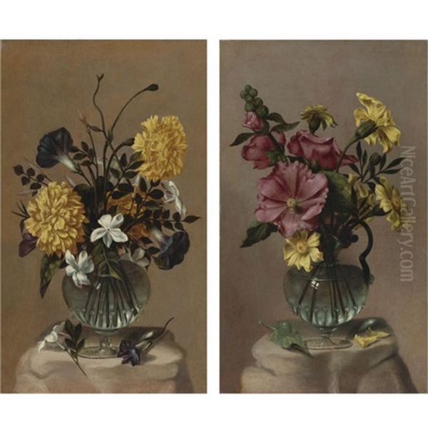 Vase Of Hollyhocks And African Marigolds (+ Vase Of French Marigolds, Morning Glory And Jasmine; Pair) by Antonio Ponce