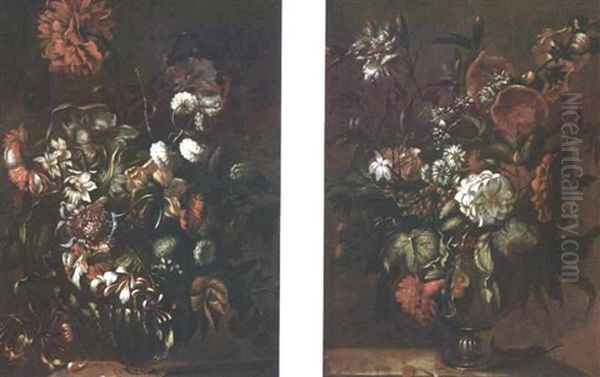 Bouquet De Fleurs Dans Un Vase En Verre (+ Another; Pair) Oil Painting by Antonio Ponce