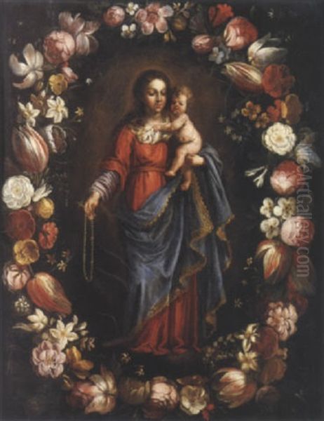 Vierge A L'enfant Dans Une Guirlande De Fleurs Oil Painting by Antonio Ponce