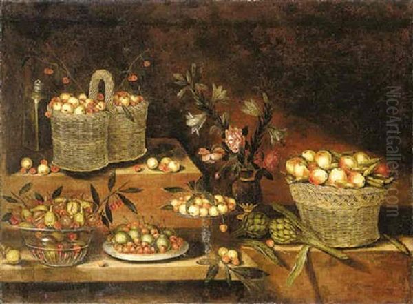 A Glass Bowl, A Pewter Plate, A Tazza And Wicker Baskets With Cherries, Apples, Pears, Figs And Other Fruits, With A Vase Of Flowers And Artichokes, On Stepped Ledges Oil Painting by Antonio Ponce