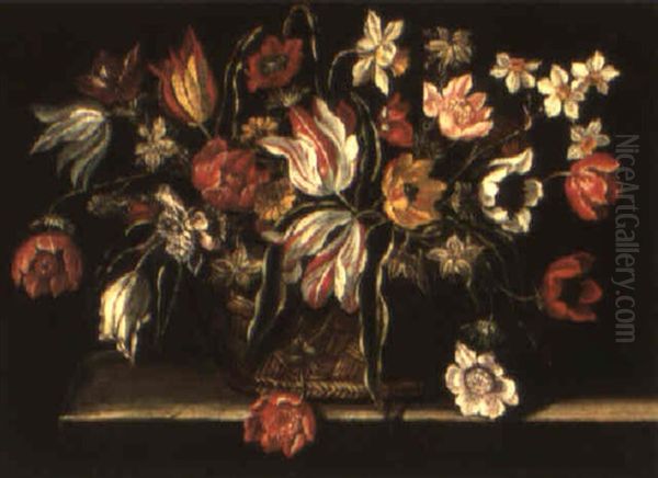 Still Life Of Tulips And Other Flowers In A Basket On A Stone Ledge Oil Painting by Antonio Ponce