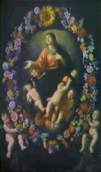 Guirnalda De Flores Con La Asuncion De La Virgen Oil Painting by Antonio Ponce