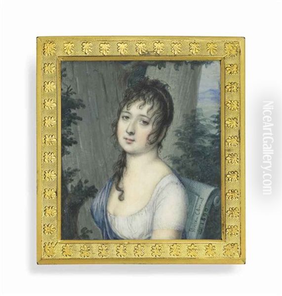 A Young Lady, Seated On A Chair, In Decollete White Dress With Short Sleeves And Blue Shawl, Her Dark Hair Dressed A Coup De Vent ; Landscape Background Oil Painting by Marie-Nicole Ponce-Camus