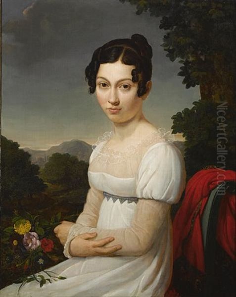 A Portrait Of A Young Lady In White, Seated In A Landscape, Holding A Posy Of Flowers Oil Painting by Marie-Nicole Ponce-Camus