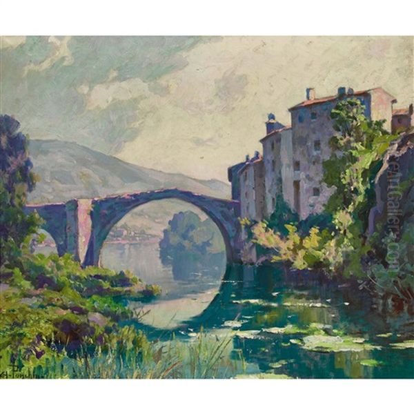 Sommerlandschaft Mit Alter Flussbrucke Oil Painting by Antoine Ponchin