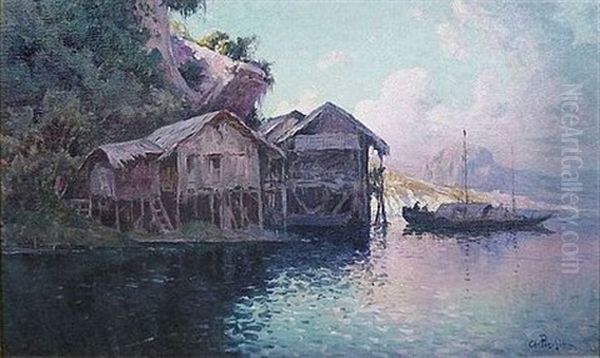 Sampans Pres D'halong Oil Painting by Antoine Ponchin