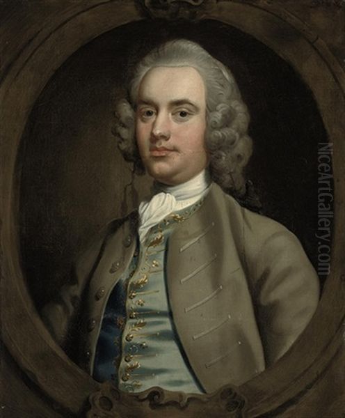 Portrait Of A Gentleman In A Grey Coat With A Gold-embroidered Waistcoat And A White Cravat Oil Painting by Arthur Pond