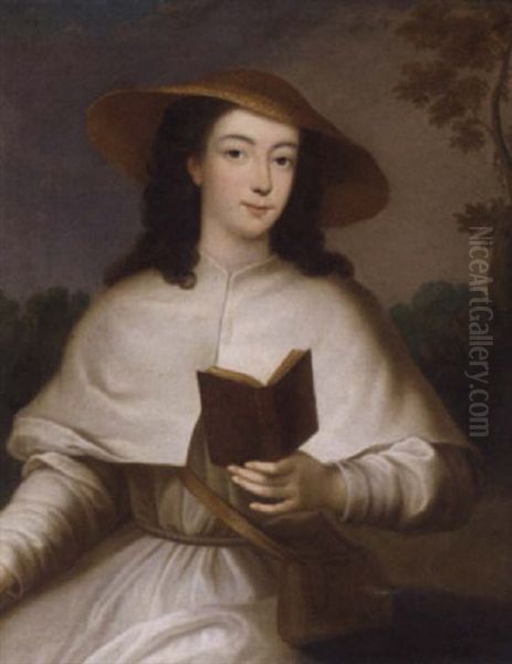 Portrait Of A Lady Dressed As A Pilgrim, In A Landscape Oil Painting by Arthur Pond