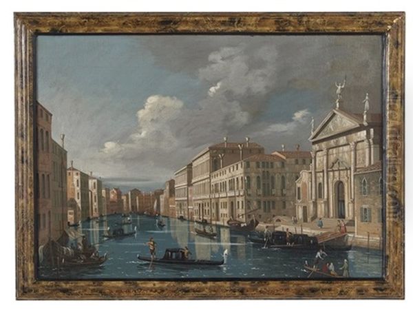 Venetian Canal Scene With A View Of The Church Of San Stae Oil Painting by Giuseppe Ponga