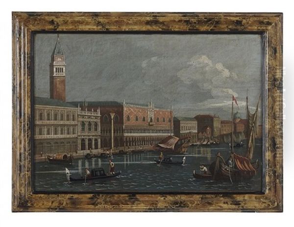 Venetian Canal Scene With A View Of St. Mark's Cathedral Oil Painting by Giuseppe Ponga