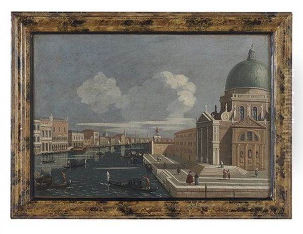 Venetian Canal Scene With A View Of Basilica Santa Maria Della Salute Oil Painting by Giuseppe Ponga