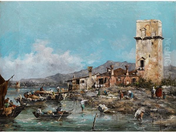 Italienische Kustenlandschaft Mit Fischerhausern Und Massivem Turm Oil Painting by Giuseppe Ponga