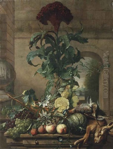 A Red Velvet Flower, Passion Flowers, Red And White Grapes, Plums, Peaches, White Berries, A Cantaloupe, A Hare, A Partridge And Other Game... Oil Painting by Joris Ponse