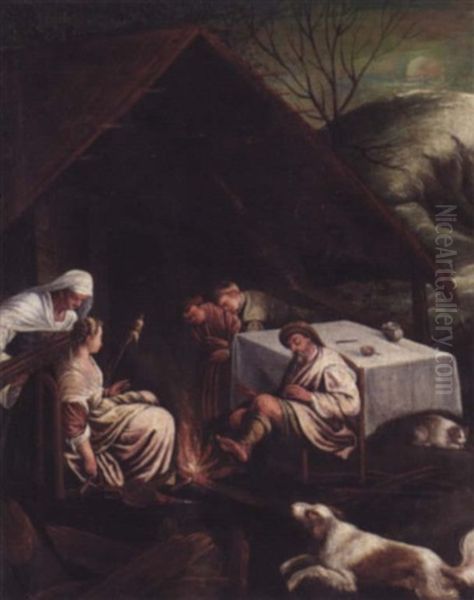 Figures Seated Beside A Fire Outside A Cottage Oil Painting by Francesco da Ponte Bassano