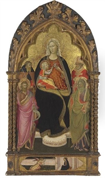 The Madonna And Child With Saints John The Baptist, Andrew, Anthony Abbot, And Nicholas Of Bari; The Annunciation In The Predella Oil Painting by Giovanni dal Ponte