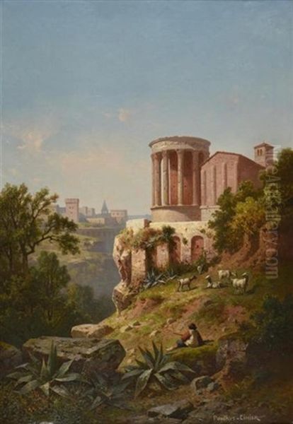 Temple Romain Et Eglise Romane Dans La Campagne Italienne Oil Painting by Antoine Claude Ponthus-Cinier