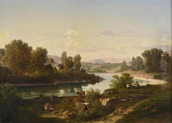 La Saone Oil Painting by Antoine Claude Ponthus-Cinier