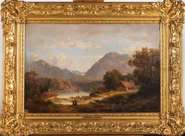 Chalets Animes Au Bord D'un Lac Alpin Oil Painting by Antoine Claude Ponthus-Cinier