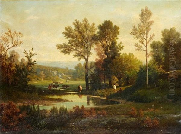 Troupeaux Et Baigneurs En Bord De Riviere Oil Painting by Antoine Claude Ponthus-Cinier