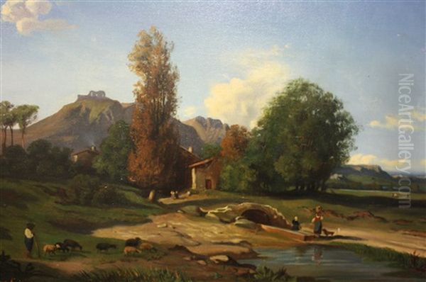 Paysage Anime Au Petit Pont Oil Painting by Antoine Claude Ponthus-Cinier