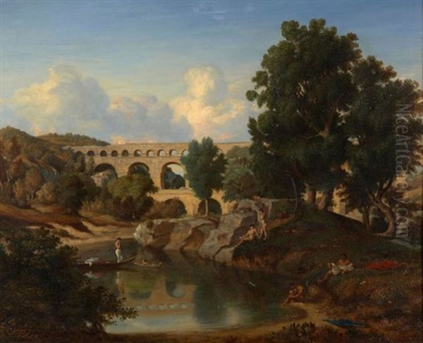 Baigneurs Au Pied Du Pont Du Gard Oil Painting by Antoine Claude Ponthus-Cinier